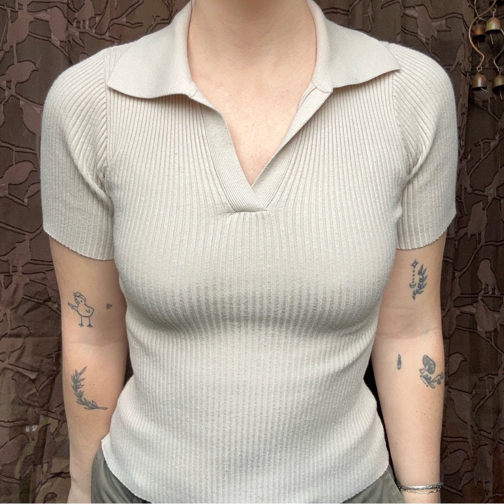 Elegant Beige Ribbed Knit Polo Top